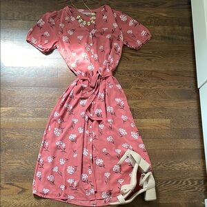 Daniel Rainn Pink Puff Sleeve Wrap Midi Dress